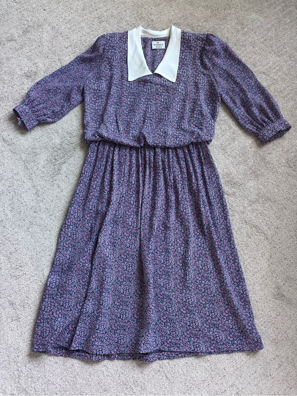 Vintage 70s 80s Floral Midi Dress White Collar Prairie Cottagecore M - Picture 6 of 12